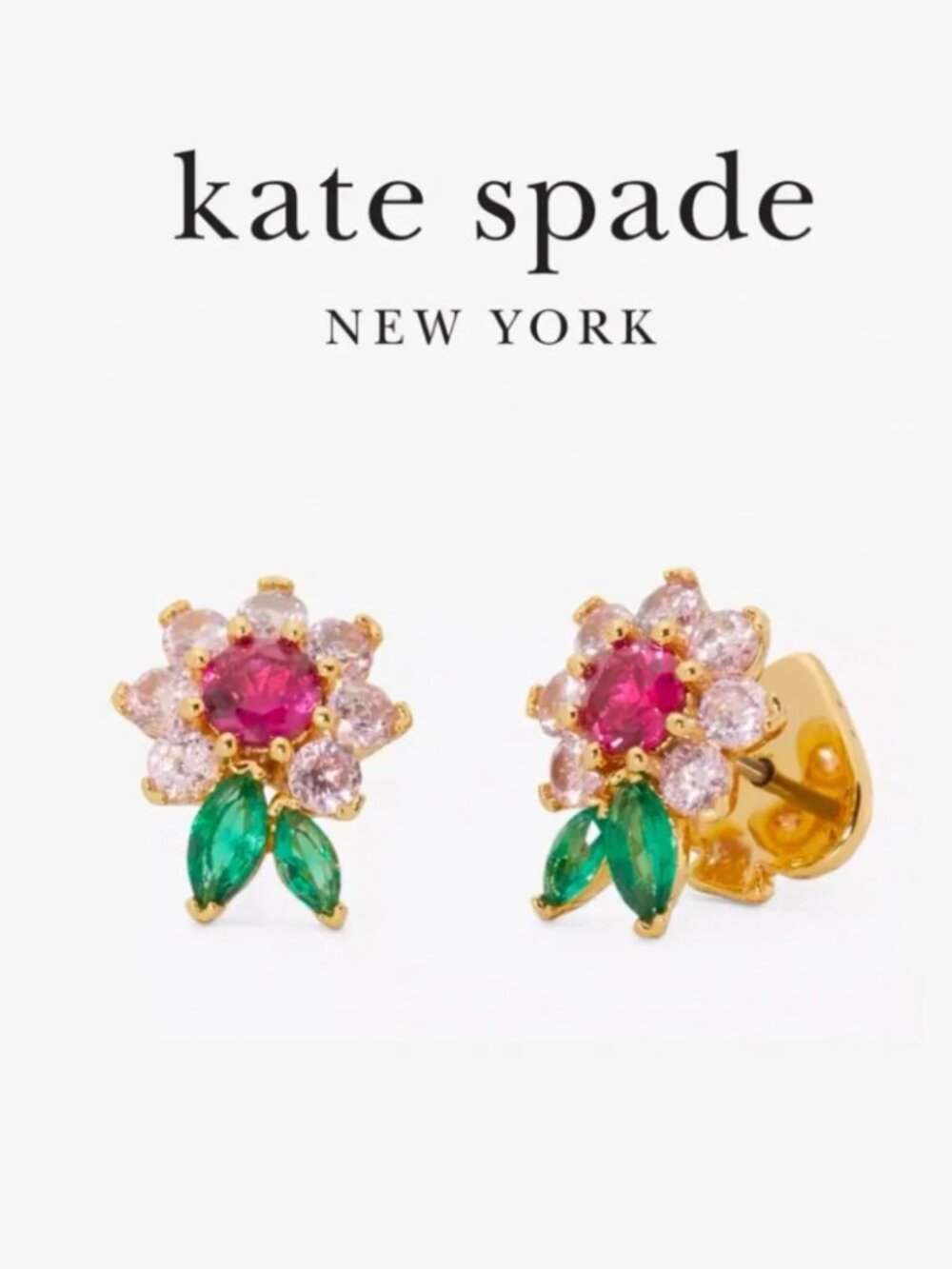 Kate Spade Crystal Floral Stud Earrings Pink Green Gold Tone Flower Earrings